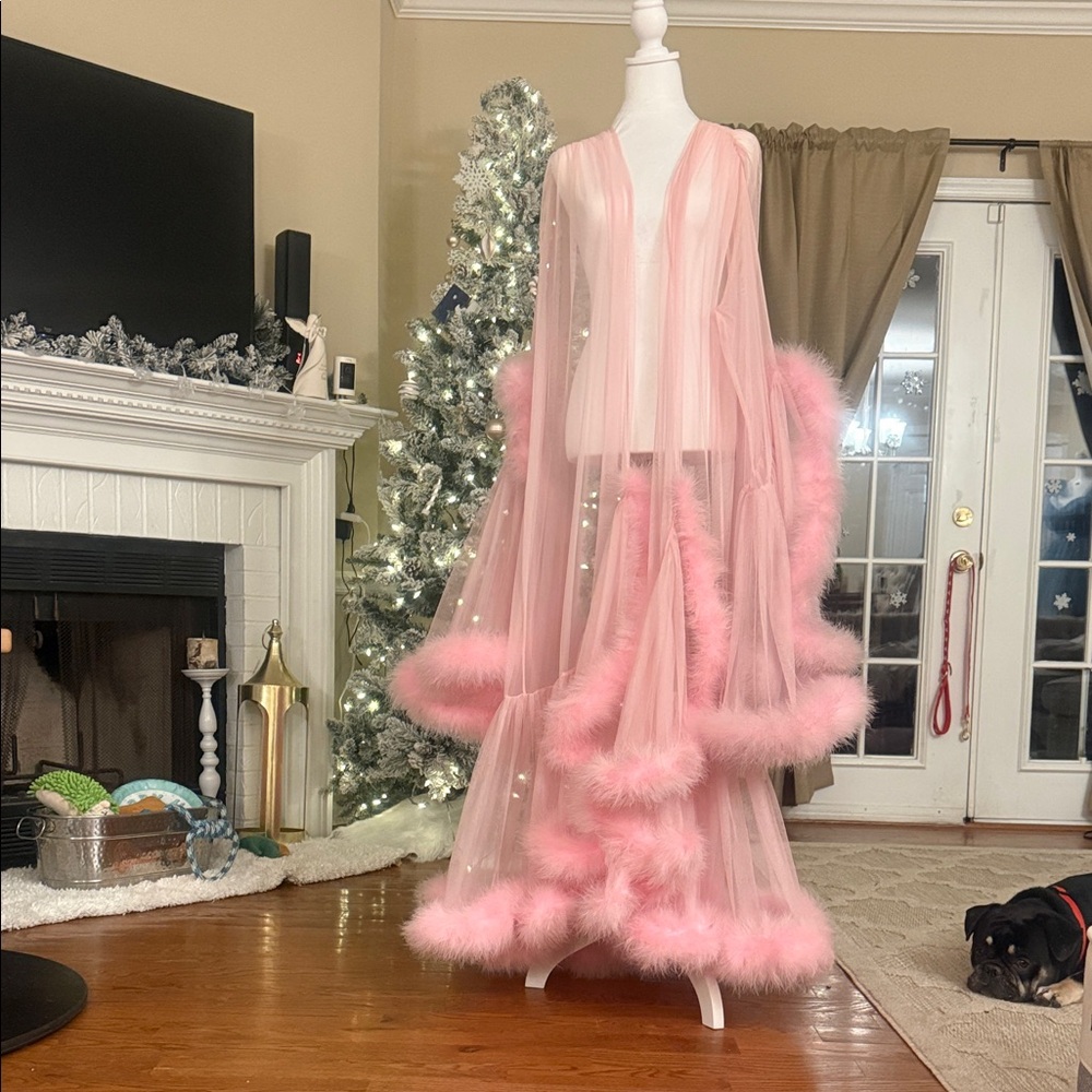 Mine Pink Sheer Feather Trim Robe
